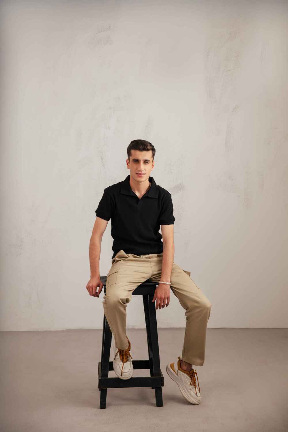 Black Textured V-Neck Polo