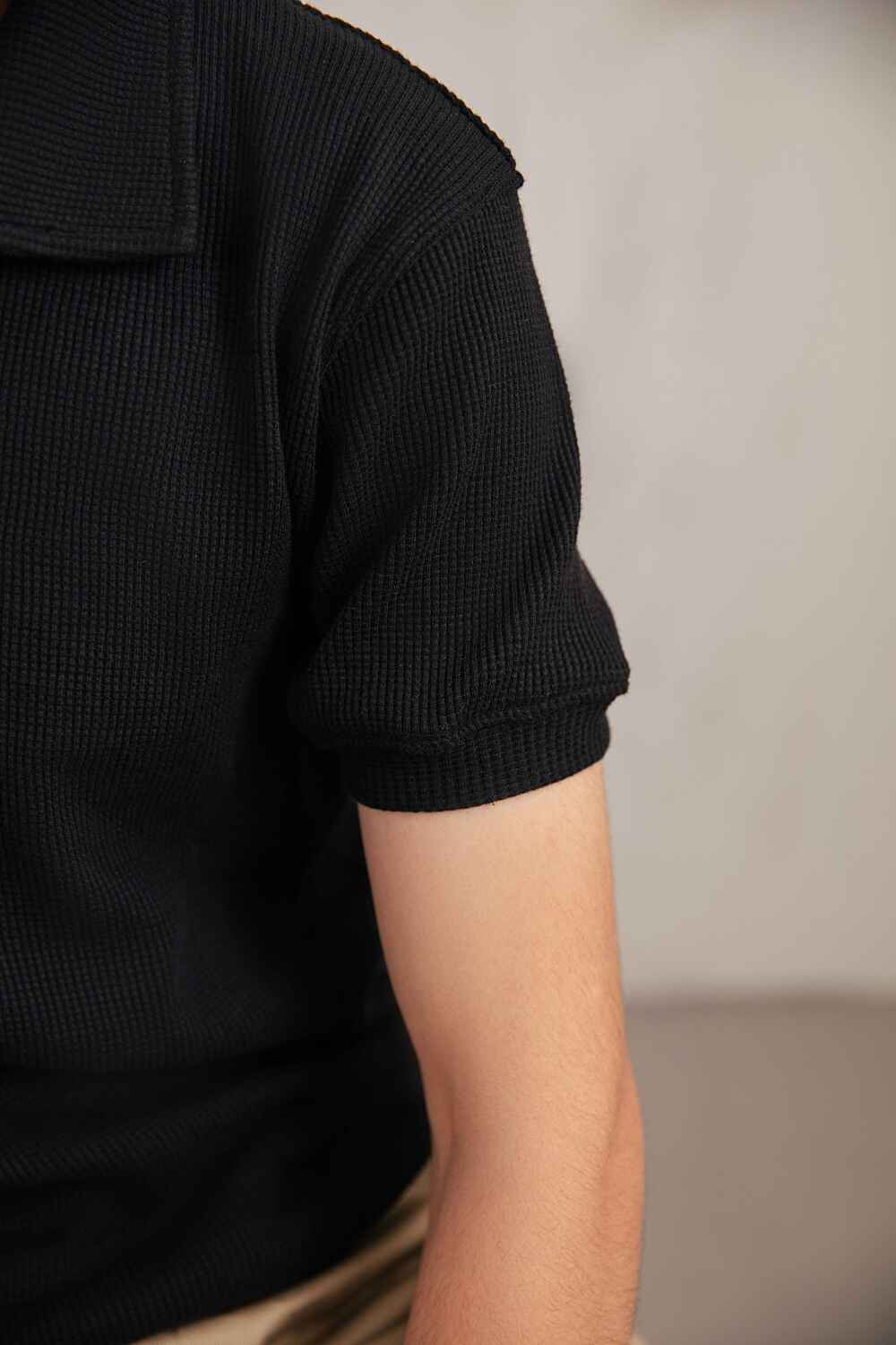 Black Textured V-Neck Polo