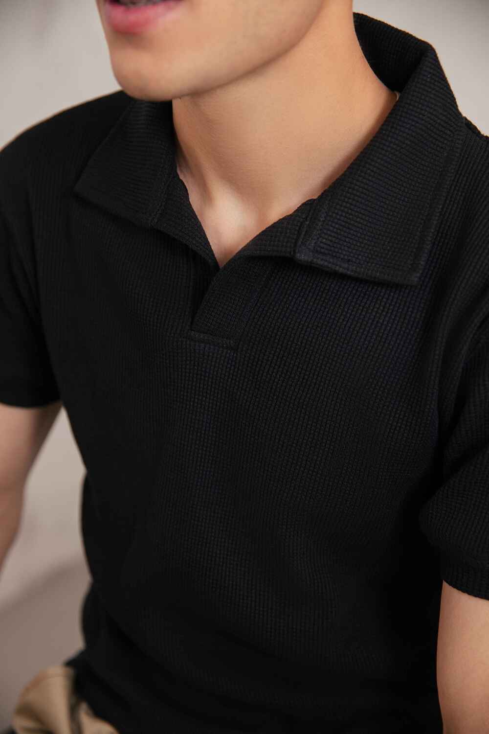 Black Textured V-Neck Polo