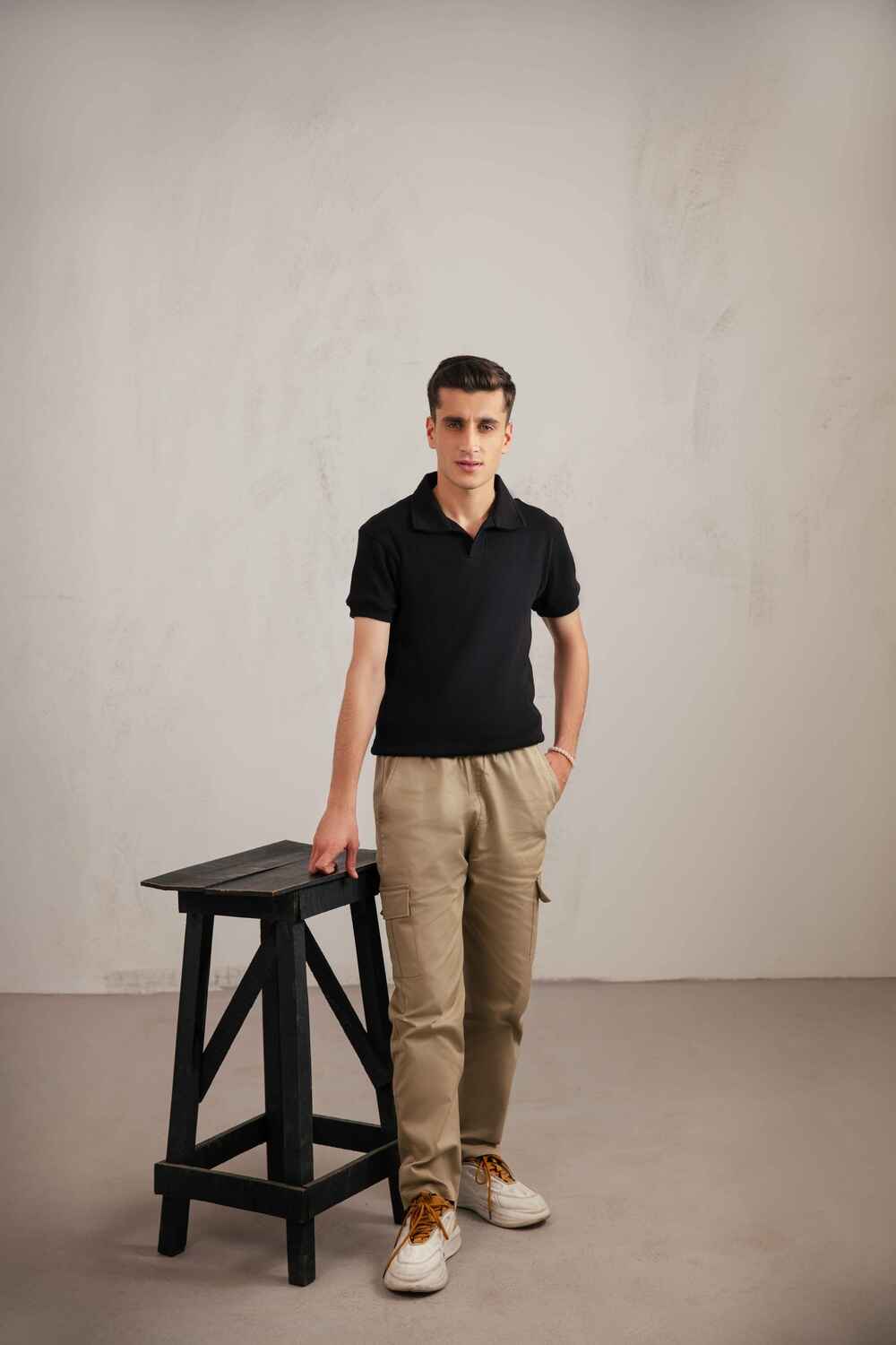 Black Textured V-Neck Polo