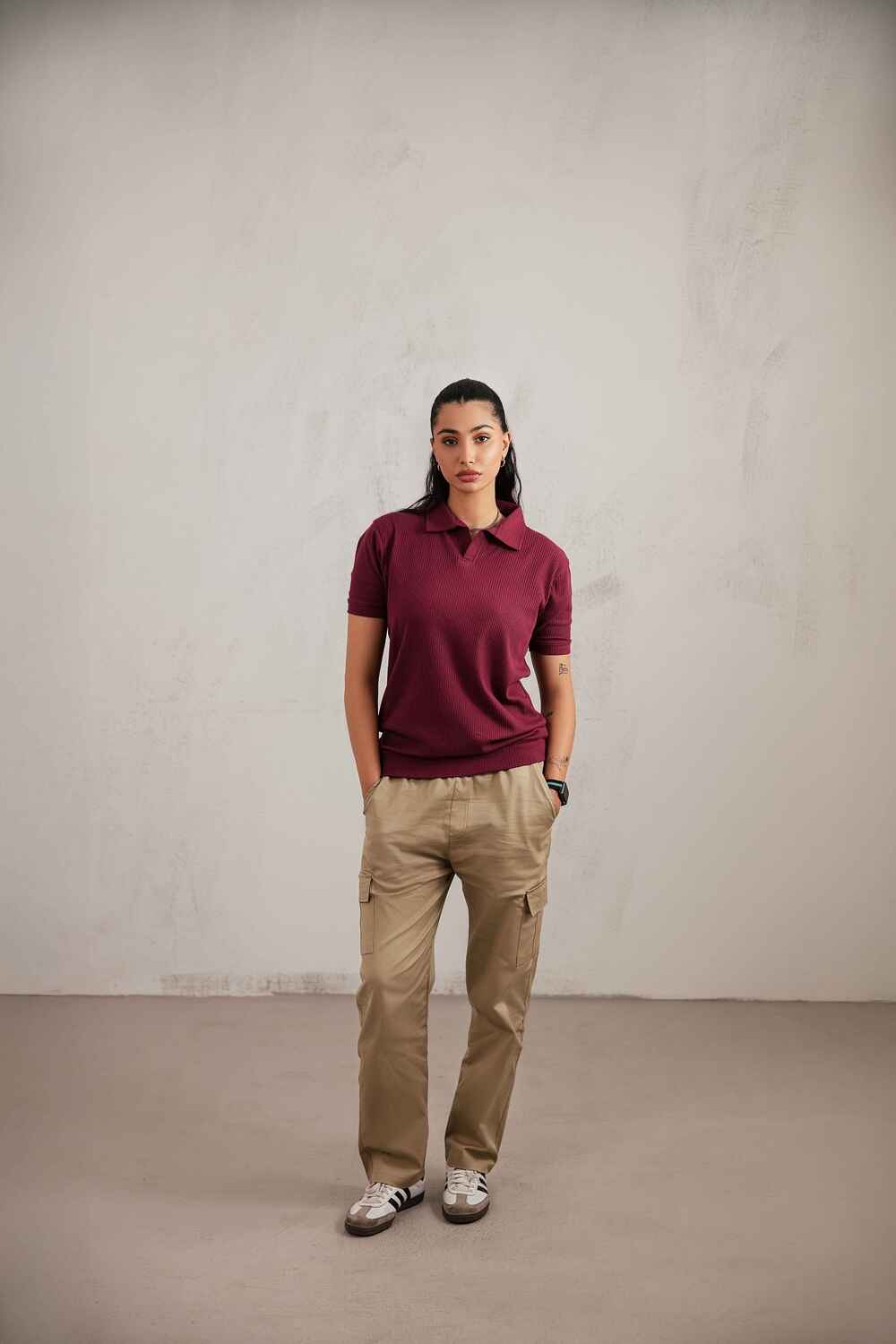 Maroon Textured V-Neck Polo