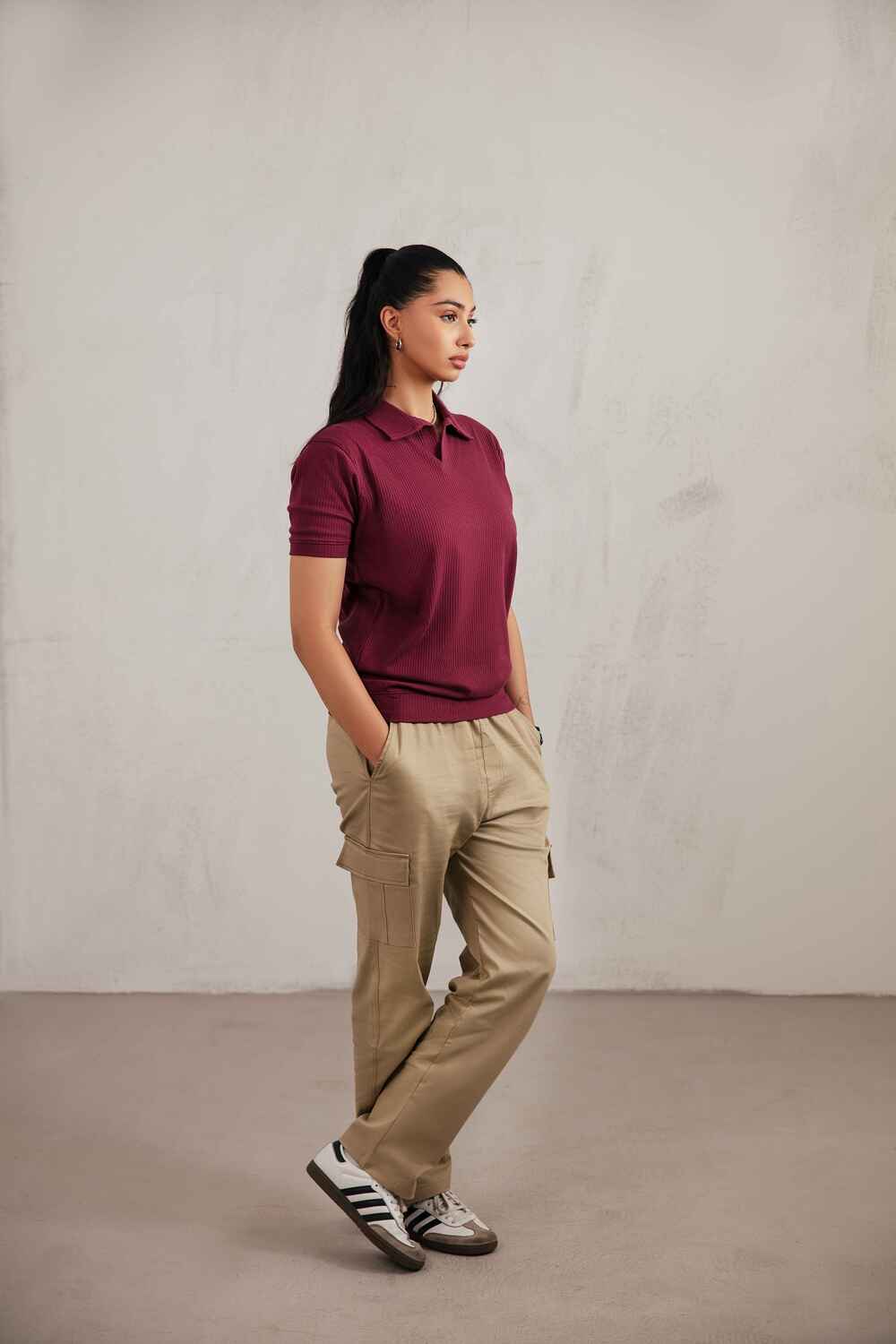 Maroon Textured V-Neck Polo