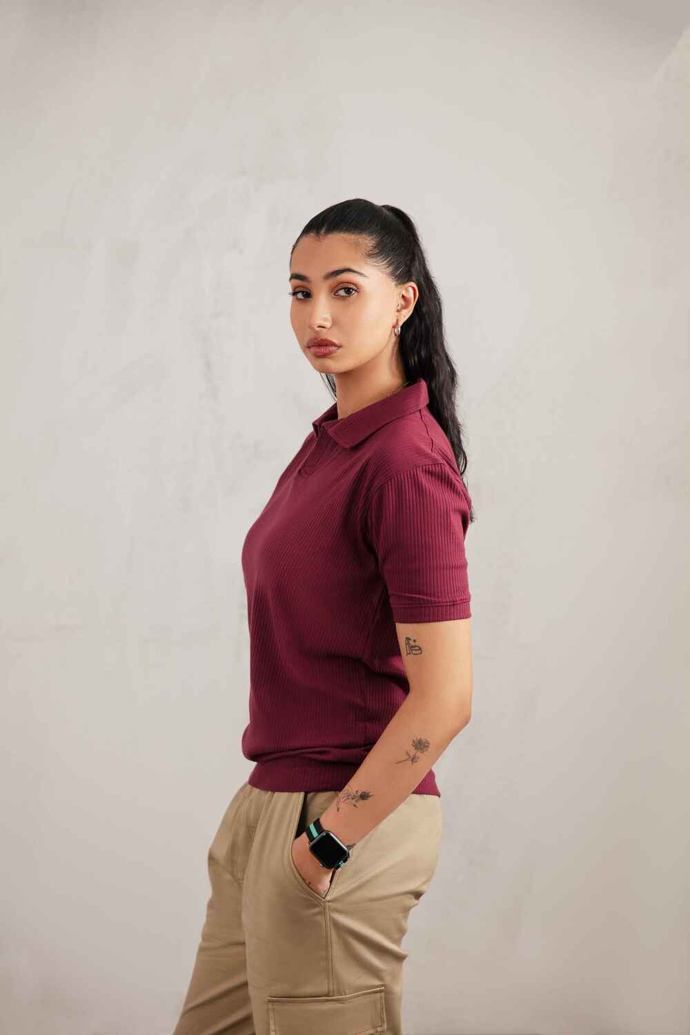 Maroon Textured V-Neck Polo