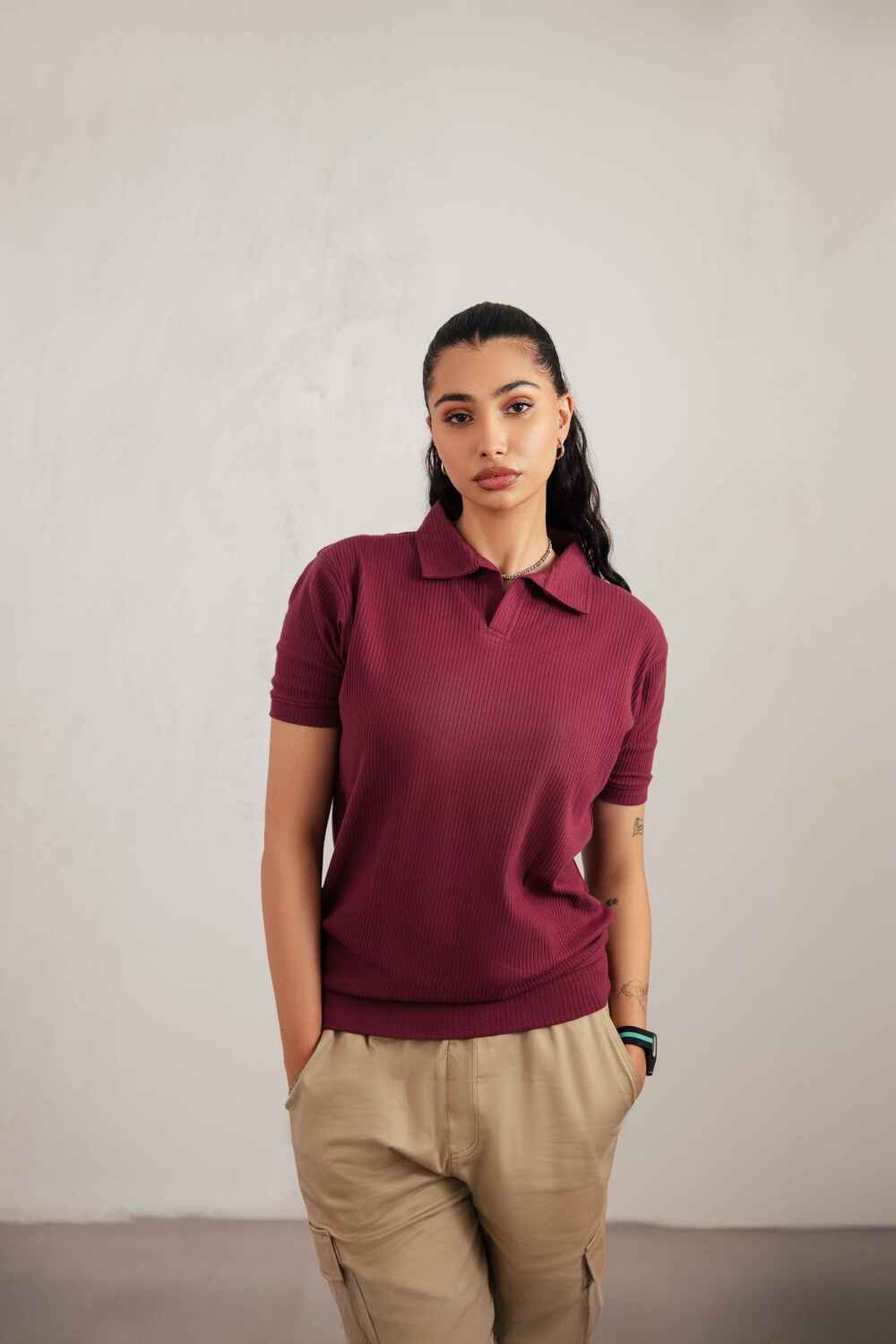 Maroon Textured V-Neck Polo