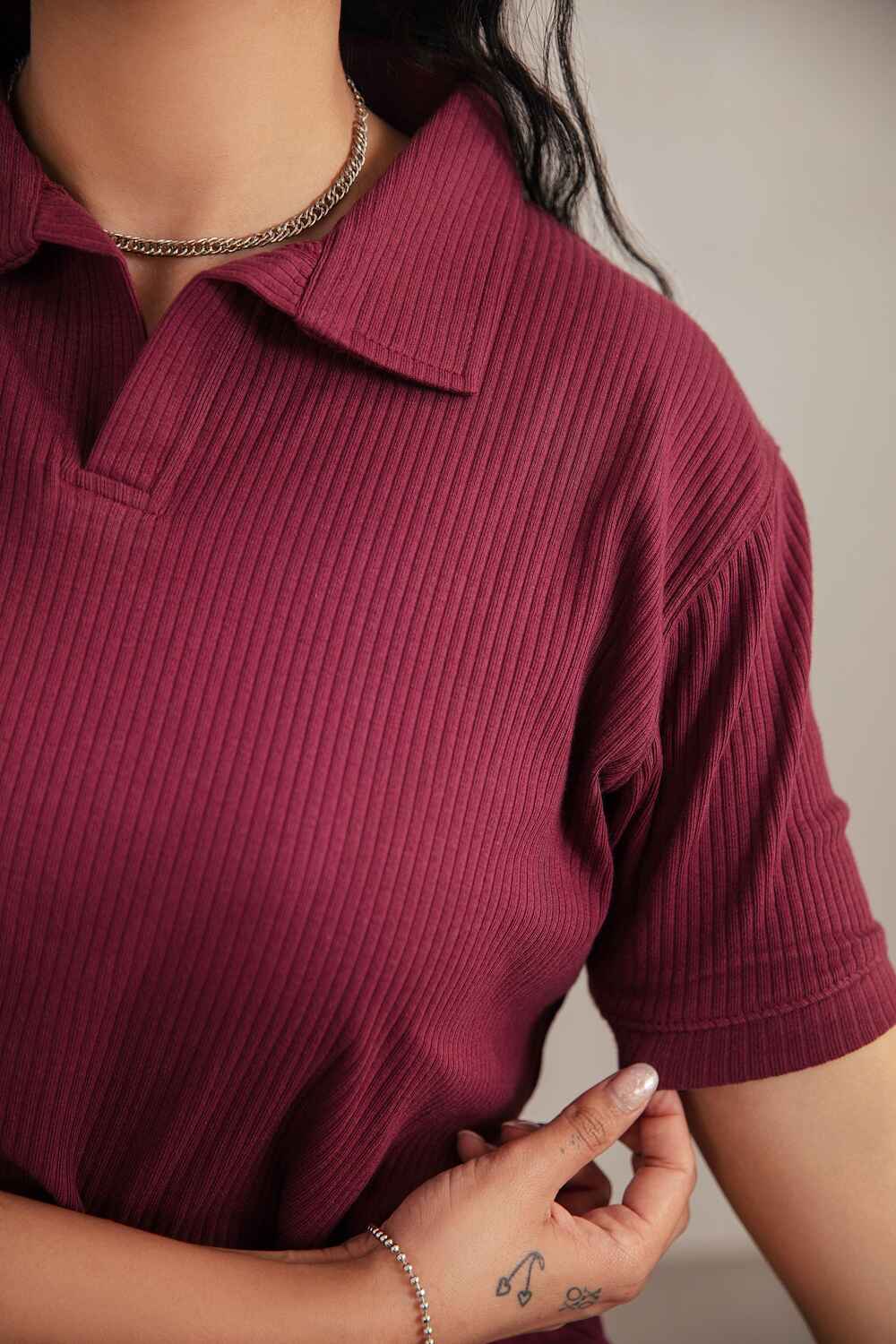 Maroon Textured V-Neck Polo