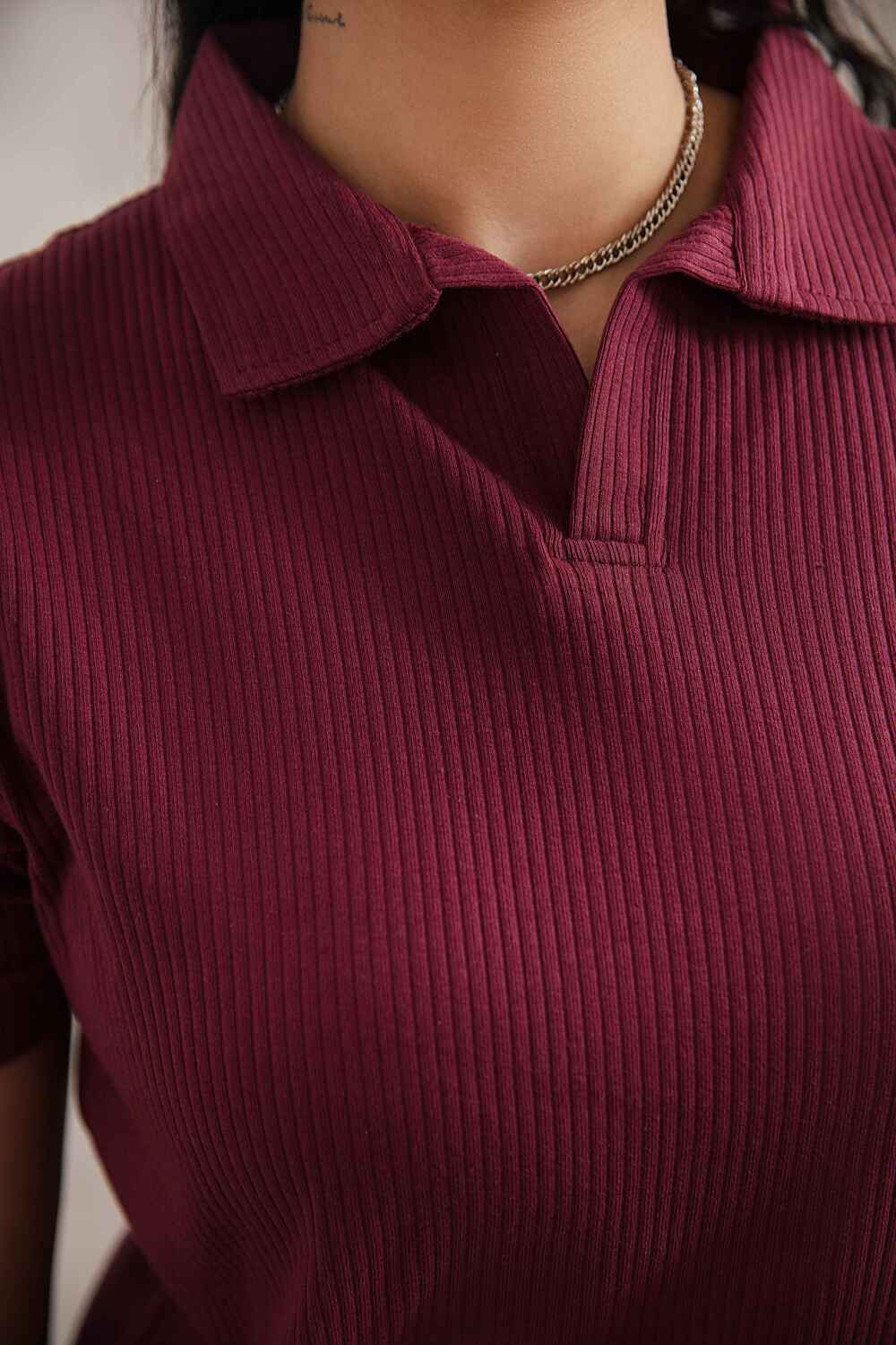 Maroon Textured V-Neck Polo