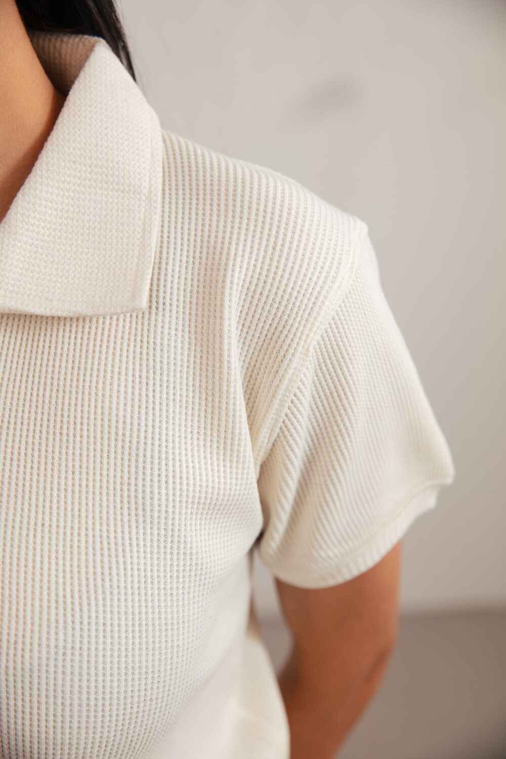 White Textured V-Neck Polo