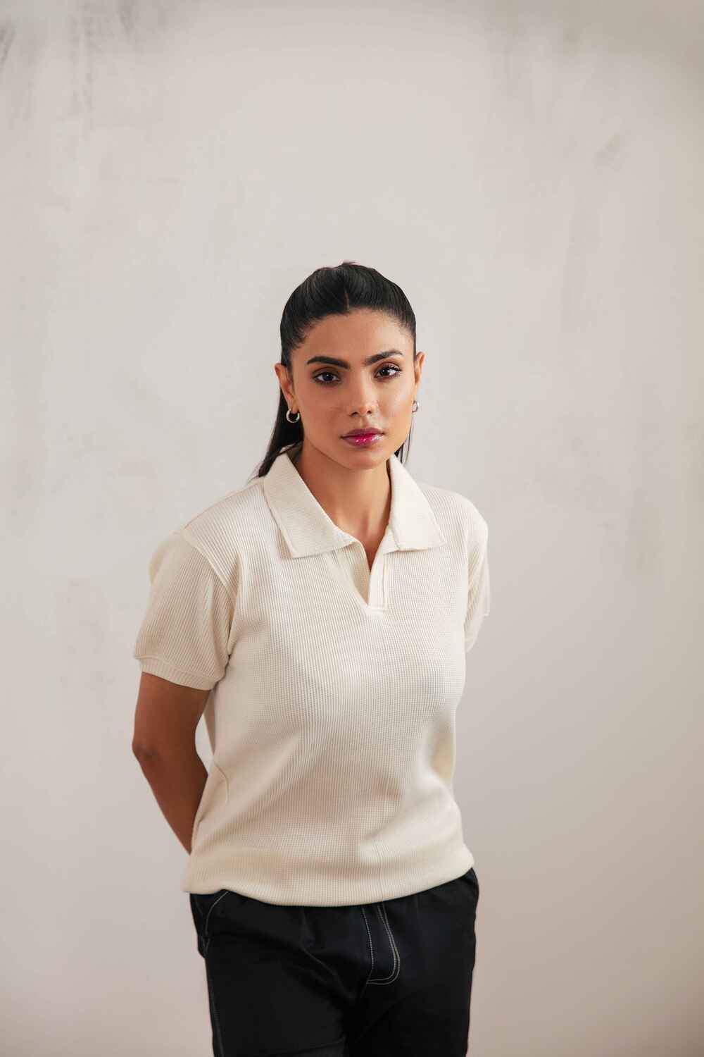 White Textured V-Neck Polo