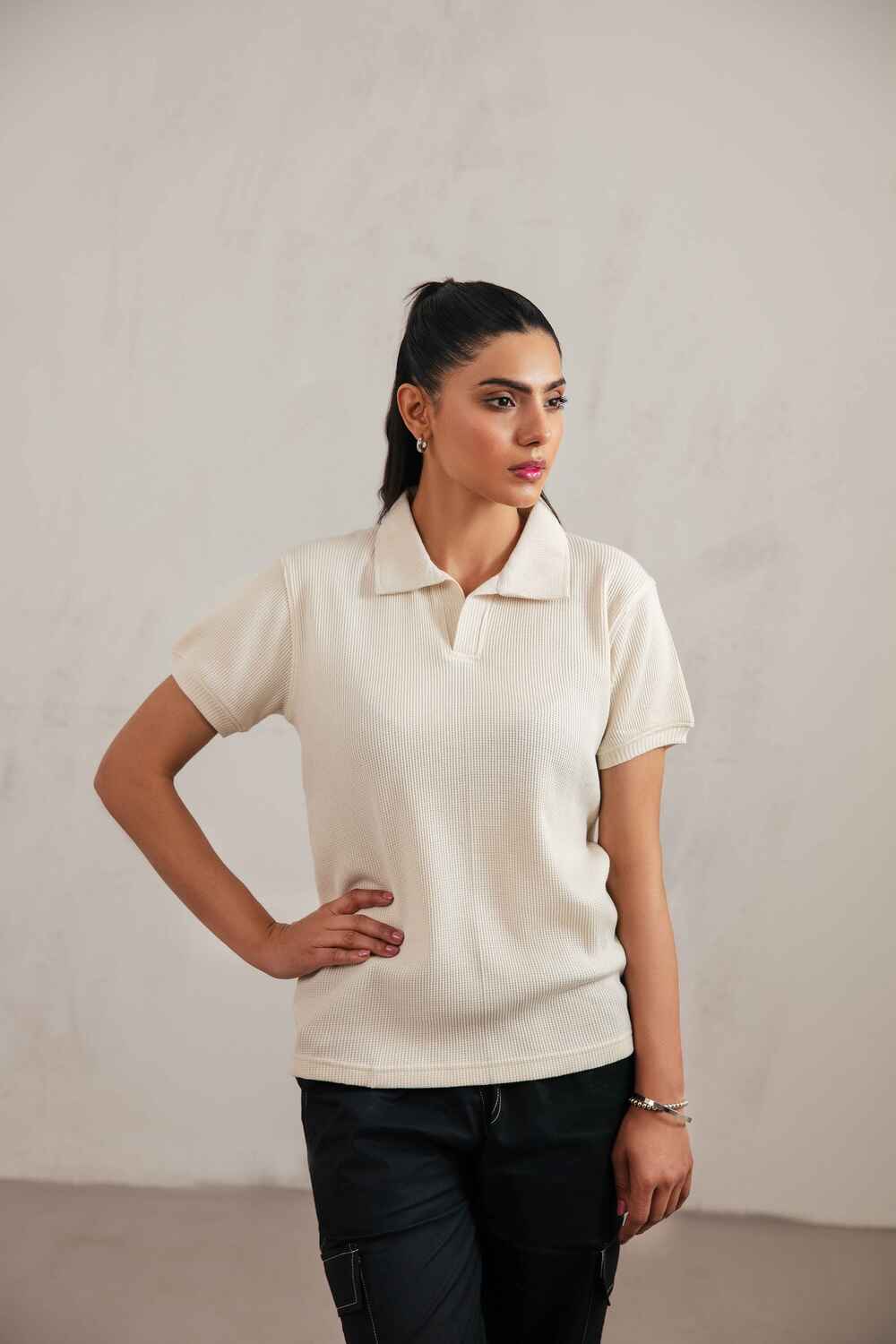 White Textured V-Neck Polo