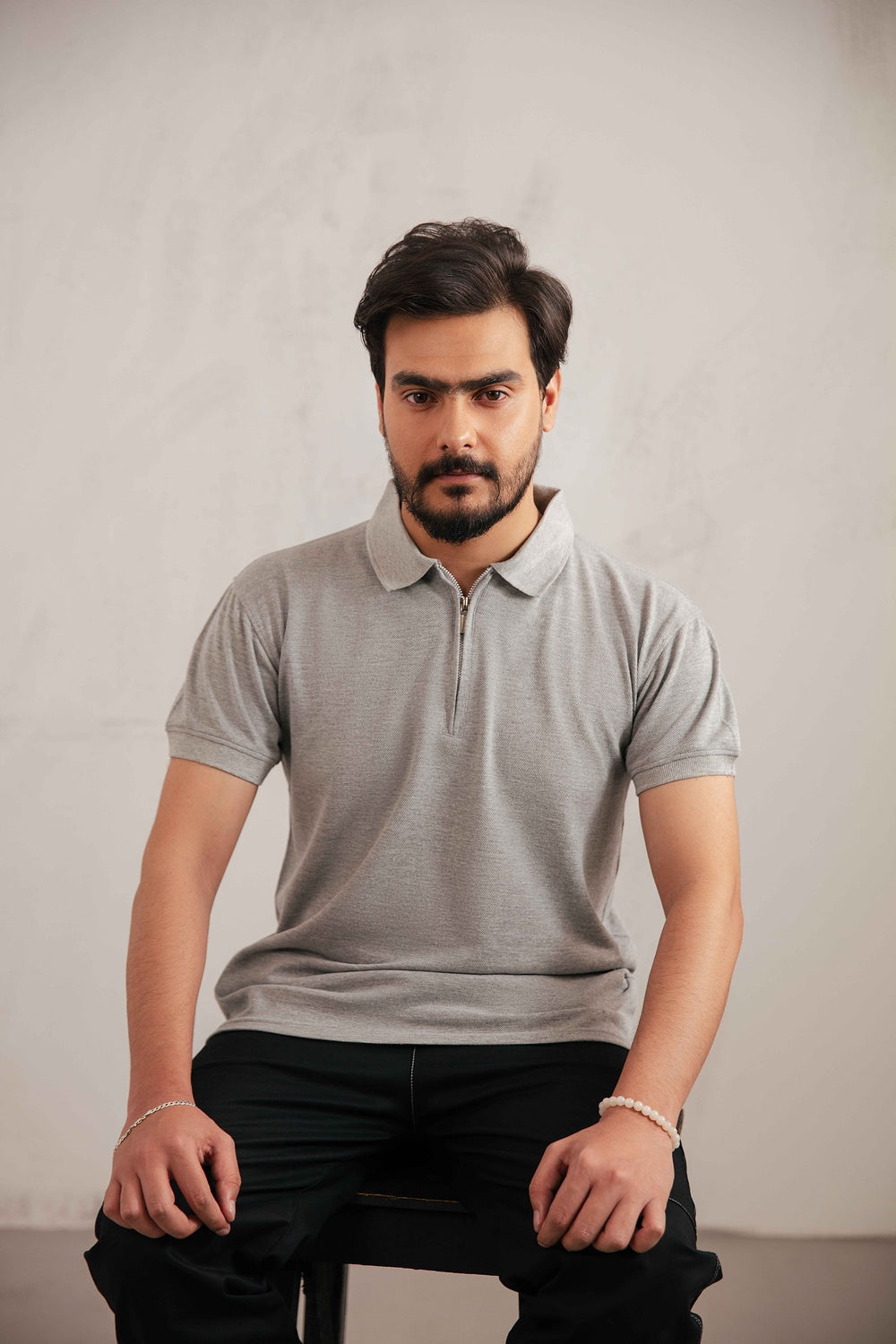 Gray Zipper Polo T-Shirt